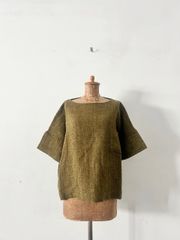 美品】Honnete ウールプルオーバーブラウス 半袖 グリーン・ブラウン 