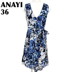 【美品】 ANAYI ノースリーブワンピース ウエスト紐 麻 36 青×黒 花柄