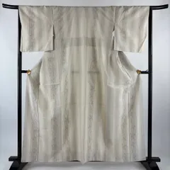 【美品】 結城紬 身丈161cm 裄丈66.5cm M 袷 アンサンブル 奥順 はたおり娘 証紙 草花 縦縞 ベージュ 正絹 逸品 【中古】