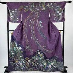 訪問着 身丈166.5cm 裄丈70cm L 袷 落款 辻が花 金通し 金彩 茶紫 正絹 名品 【中古】