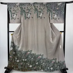 訪問着 身丈163cm 裄丈66cm M 袷 落款 辻が花 流水 金彩 ぼかし 灰紫 正絹 名品 【中古】