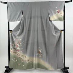 訪問着 身丈163cm 裄丈66cm M 袷 牡丹 菊 染め分け ぼかし 灰紫 正絹 秀品 【中古】