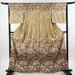 【美品】 訪問着 身丈162cm 裄丈65cm M 袷 落款 辻が花柄 雲文 山吹茶色 正絹 秀品 【中古】