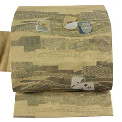 【美品】 名古屋帯 優品 幾何学模様 箔 薄黄土色 正絹 【中古】