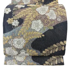 【美品】 袋帯 秀品 辻が花柄 霞 箔 金糸 青灰色 六通 正絹 【中古】