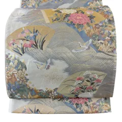 袋帯 秀品 扇面 花鳥 金糸 箔 ピンクベージュ 六通 正絹 【中古】