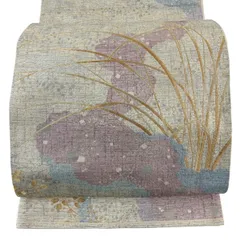 【美品】 袋帯 秀品 関西仕立て すすき 幾何学 金銀糸 箔 ベージュ 六通 正絹 【中古】