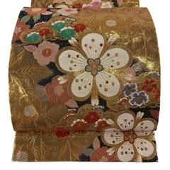 袋帯 秀品 振袖向き 梅 草花 金糸 箔 金色 六通 正絹 【中古】