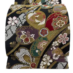 袋帯 秀品 桜 鳳凰 金糸 箔 黒 六通 正絹 【中古】