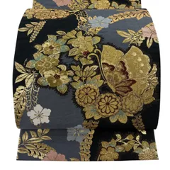 【美品】 袋帯 秀品 蝶 花丸文 箔 唐織 黒 六通 正絹 【中古】