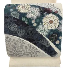 【美品】 名古屋帯 秀品 紬地 草花 幾何学 クリーム 正絹 【中古】