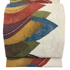 【美品】 袋帯 秀品 葉柄 幾何学模様 金彩 クリーム 全通 正絹 【中古】