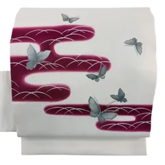 名古屋帯 秀品 蝶 ヱ霞 金彩 クリーム 正絹 【中古】