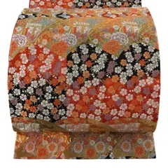 【美品】 袋帯 秀品 扇面 桜 金糸 刺繍 朱色 六通 正絹 【中古】