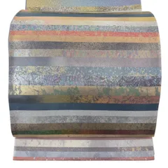 【美品】 袋帯 秀品 横段 葉柄 箔 金銀彩 灰紫 六通 正絹 【中古】