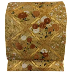 袋帯 名品 河合美術織物 落款 鳥 華文 箔 金銀糸 ベージュ 六通 正絹