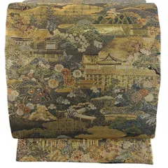 丸帯 名品 建物 草花 金糸 箔 金色 お太鼓柄 正絹 【中古】