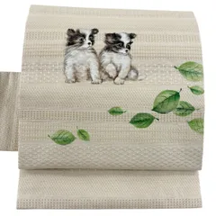 【美品】 名古屋帯 逸品 野蚕糸紬 犬 葉柄 クリーム 正絹 【中古】