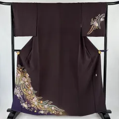 付下げ 身丈162cm 裄丈65cm M 袷 翠山工房 やまと 落款 辻が花 扇 金彩 ぼかし 焦茶色 正絹 名品 【中古】