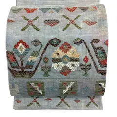 袋帯 秀品 草花 幾何学模様 金糸 箔 青灰色 お太鼓柄 正絹 【中古】
