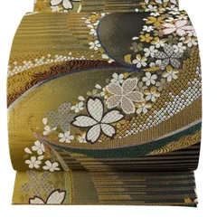 【美品】 袋帯 秀品 振袖向き 桜 流水 箔 金銀糸 からし色 六通 正絹 【中古】