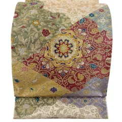 【美品】 袋帯 秀品 華文 寄せ柄 金糸 箔 クリーム 六通 正絹 【中古】