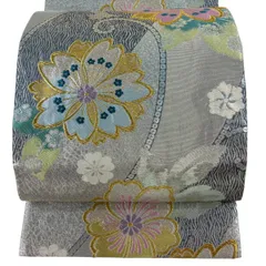 【美品】 袋帯 秀品 振袖向き 桜 幾何学模様 金銀糸 箔 灰色 六通 正絹 【中古】