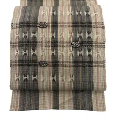 名古屋帯 秀品 八寸名古屋帯 松葉仕立て 縞模様 幾何学模様 金糸 ベージュ 正絹 【中古】