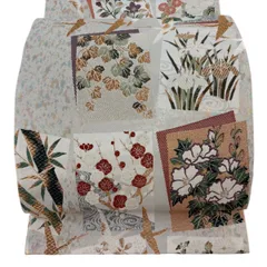 【美品】 袋帯 秀品 引箔九百織 色紙 花鳥 唐織 箔 灰白 六通 正絹 【中古】