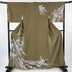 訪問着 身丈160cm 裄丈67cm M 袷 辻が花柄 金彩 ぼかし 茶緑色 正絹 秀品 【中古】