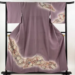 訪問着 身丈155.5cm 裄丈66cm M 袷 辻が花柄 ぼかし 灰紫 正絹 秀品 【中古】