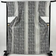 【美品】 小紋 身丈167cm 裄丈66.5cm M 袷 鳥 格子 灰白 化繊 秀品 【中古】