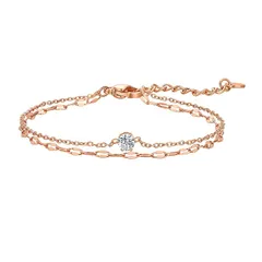 Yoursfs 2重 レディース ブレスレット 錆びないローズゴールド ブ14K金メッキ 一粒ダイヤ ブレスレット シンプル ファッション 腕輪 アクセサリー 1