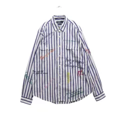【中古A】Polo Ralph Lauren ポロラルフローレン L メンズ 長袖シャツ クラシック フィット ストライプド ポプリン ワークシャツ タイポグラフィ 白 青 中古A 古着