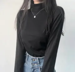 ブラック モックネック ハイネック タートルネック長袖Tシャツ