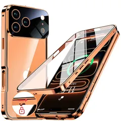 【新品】 NIANGUO【ロック機能付き・自動ポップアップボタン】 iPhone17 Pro Max 用 ケース クリア 【両面強化ガラス】 9H硬度 【一体型レンズ保護】 アイフォン17プロマックス カバー アルミバンパー メタルフレーム 耐衝撃 傷防止 0