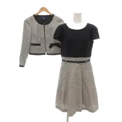 エムズグレイシー M'S GRACY セットアップ ノーカラージャケット ワンピース 40 黒 ブラック 白 ホワイト フォーマル チェック柄 半袖 切替デザイン リボン /NU ■GY61