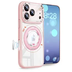 【新品】 DAMESINE iPhone 17 Pro用ケースMagsafe対応 360度回転マグネットスタンド付き 薄型透明アクリル背面 シリコン耐衝撃 カメラコントロールボタン キラキラカメラカバー着脱可能 かわいいあいふおん17プロケース ピンク