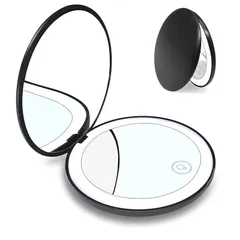 コンパクトミラー 等倍＆10倍両面鏡 ライト付き 折りたたみ 化粧鏡 携帯ミラー 無段階調光 角度調整可 メイクアップ USB充電式 プレゼント ギフト 円型 ブラック 0