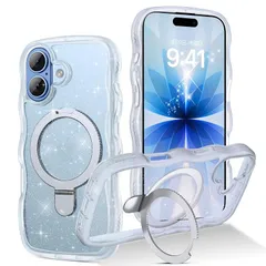 【新品】 GUAGUA iphone 17 ケース ウェーブ きらきら Magsafe対応 回転スタンド ワイヤレス充電 あいふおん17 クリアケースうねうね かわいい 透明 人気 韓国 耐衝撃 超軽量 黄ばみなし アイフォン 17米軍規格 耐衝撃 マグセーフ