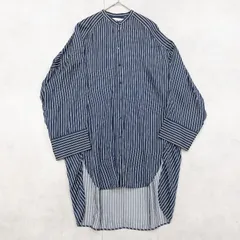 ENFOLD 　エンフォルド　ブラウス　ロングシャツ　オーバーサイズ　ストライプ柄　ノーカラー　ネイビー　レディース　38　b00565