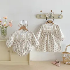 キッズ花柄ワンピース女の子ベビー赤ちゃんロンパース子供服ドレス17 ガーリー70 80 90 100 110 120 130 140かわいいナチュラル長袖おしゃれフリル可愛い上品お出かけSNS映え記念撮影【arc】