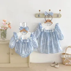 キッズ花柄ワンピース女の子ベビー赤ちゃんロンパース子供服ドレス水色ブルー18 ガーリー70 80 90 100 110 120 130 140かわいいナチュラル長袖おしゃれフリル可愛い上品お出かけSNS映え記念撮影【arc】