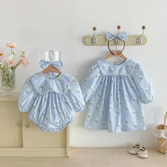 キッズ花柄ワンピース女の子ベビー赤ちゃんロンパース子供服ドレス19水色ブルー ガーリー70 80 90 100 110 120 130 140かわいいナチュラル長袖おしゃれフリル可愛い上品お出かけSNS映え記念撮影【arc】