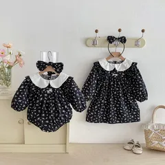 キッズ花柄ワンピース女の子ベビー赤ちゃんロンパース子供服ドレス20ブラック黒 ガーリー70 80 90 100 110 120 130 140かわいいナチュラル長袖おしゃれフリル可愛い上品お出かけSNS映え記念撮影【arc】