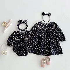 キッズ花柄ワンピース女の子ベビー赤ちゃんロンパース子供服ドレス24 ガーリー70 80 90 100 110 120 130 140かわいいナチュラル長袖おしゃれフリル可愛い上品お出かけSNS映え記念撮影【arc】