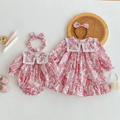 キッズ花柄ワンピース女の子ベビー赤ちゃんロンパース子供服ドレス25レッド赤 ガーリー70 80 90 100 110 120 130 140かわいいナチュラル長袖おしゃれフリル可愛い上品お出かけSNS映え記念撮影【arc】
