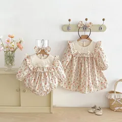 キッズ花柄ワンピース女の子ベビー赤ちゃんロンパース子供服ドレス29 ガーリー70 80 90 100 110 120 130 140かわいいナチュラル長袖おしゃれフリル可愛い上品お出かけSNS映え記念撮影【arc】