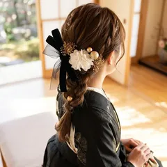 卒業式　成人式　髪飾り　袴　編みおろし　黒白ゴールド　ベロアリボン　ヘアアクセサリー