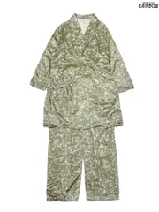 古着 前開き 総柄 ペイズリー柄 ロング丈 長袖 セットアップ 緑 ベージュ (otu2509059)